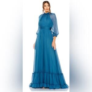 NWT Mac Duggal 68225 Chiffon Ruched Illusion Raglan Sleeve Ruffled Gown Ocean 4